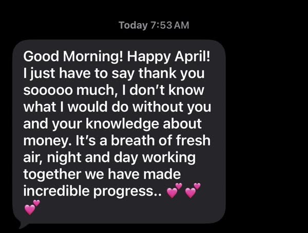 Client message thanking coach for incredible progress together