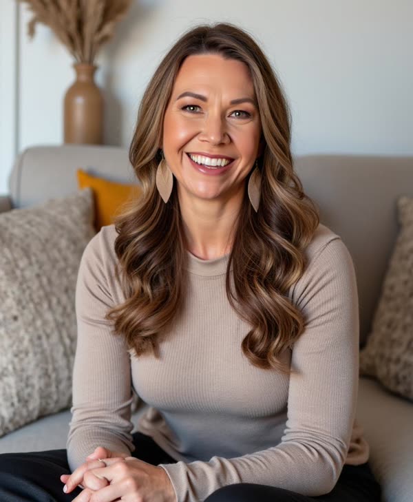 Jill sitting on a couch, relaxed and approachable